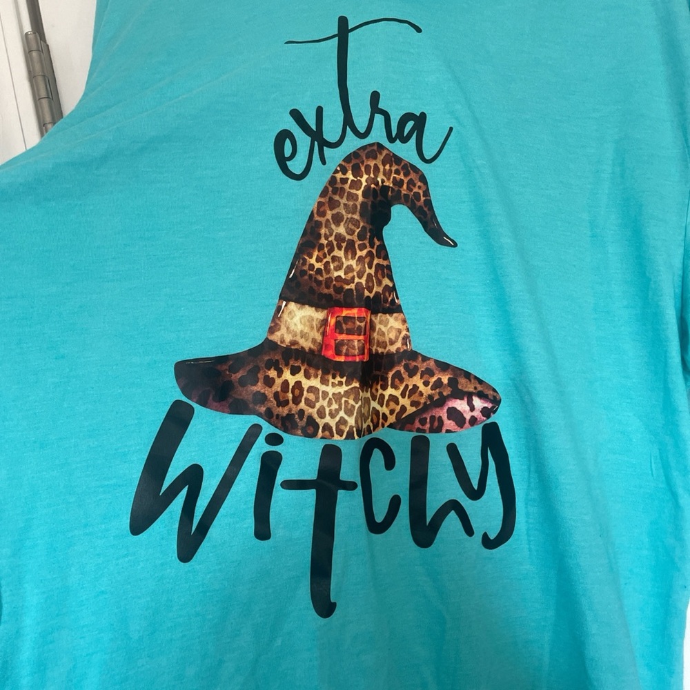 Women’s XL Turquoise Long-Sleeve Hoodie “Extra Witchy” Leopard Tee